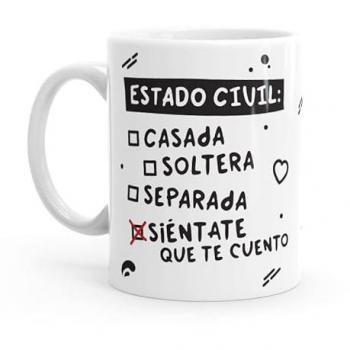 Taza Minimalista - Estado Civil: Siéntate que te cuento - Resistente al Microondas y Lavavajillas