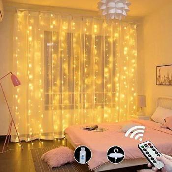 Cortina de luces,Cadena de Luces 3m x 3m 300LED luces de Navidad al Aire Libre Blanco Cálido Luz, IP55 Impermeable, Poder de conexión USB para Decoración Fiesta, Bodas 10 ganchos