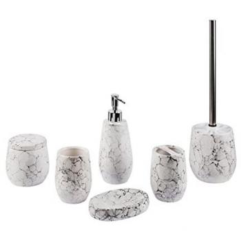 Conjunto de Accesorios de Baño Callela de Dolomita Blanco - Dispensador, Jabón, Escobilla, Portacepillos, Vaso y Recipiente Glamuroso