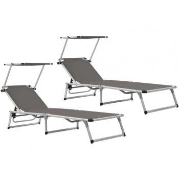 vidaXL Tumbonas plegables con techo 2 uds aluminio y textilene gris