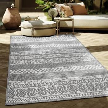 Alfombra Interior y Exterior Boho Chic Ø 200 cm Redonda, Color Gris 4, Motivo Étnico Moderno para Balcón, Terraza y Cocina