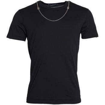 Dolce & Gabbana Black Cotton Silver Chain Short Sleeve T-Shirt - IT46 | S