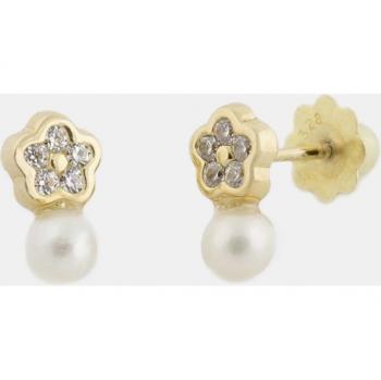 Pendientes de bebé de oro con circonita y perla