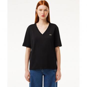 Camiseta Lacoste V Neck Relaxed Fit de algodón suave para mujer, manga corta, color negro, talla 36