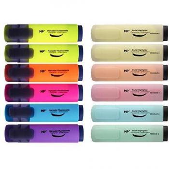 MP - Subrayadores Pastel y Fluorescentes, Punta Biselada - Estuche 12 Marcadores Multicolor