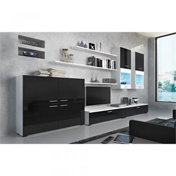 Mueble comedor moderno Skraut Home con luces Leds, acabado en Brillo Lacado y Mate, dimensiones 300x42x189cm, disponible en Blanco y Negro/Blanco