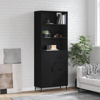 Aparador alto de madera contrachapada negro 69,5x34x180 cm con 1 puerta y 3 cajones, mueble de almacenaje para salón, buffet y armario auxiliar