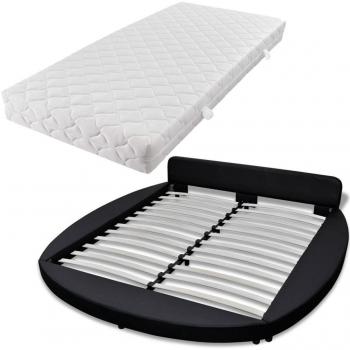 vidaXL Cama doble redonda negra de cuero artificial +colchón 180 cm