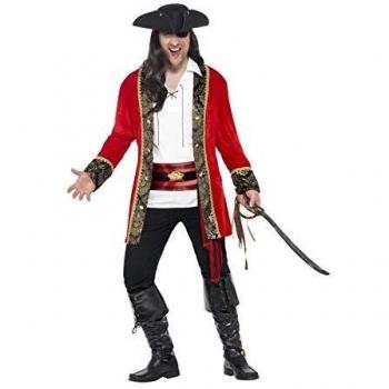 Smiffys-24464L Disfraz de capitana Pirata con Curvas, con Chaqueta, Camisa y fajín, Color Rojo, L-Tamaño 42-44