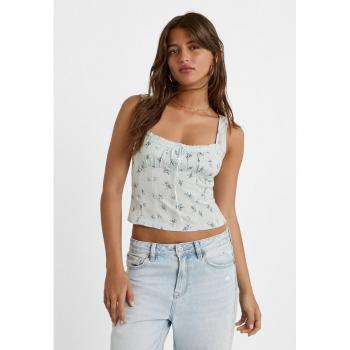 Sky Blue Printed Lace Trim Strappy Top - Size L