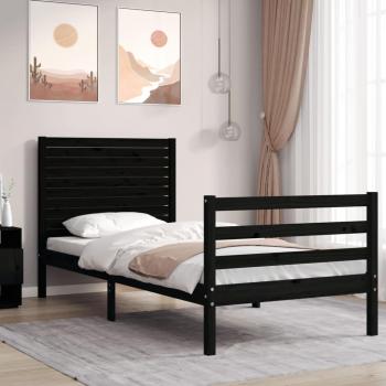 Cama de madera maciza con cabecero negro 90x200 cm