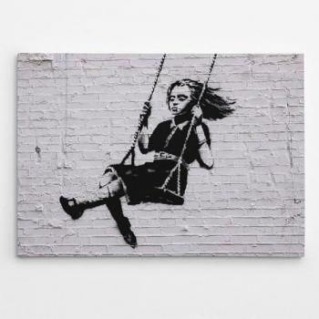 Impresión sobre Lienzo Banksy La Chica del Columpio - Poliéster, Madera, Gris y Negro, 100x3x70 cm