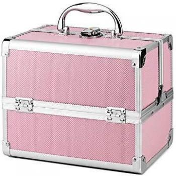 AMASAVA Maletín para Maquillaje, Estuche de Maquillaje, Estuche de cosméticos, 24 x 17 x 19 cm, ABS de Aluminio, con Espejo, Cerradura, 2 bandejas, Negro + Rosa