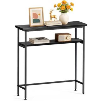 Mesa de Consola Estrecha 2 Niveles Industrial 80x24x80 cm Metal y MDF Negro