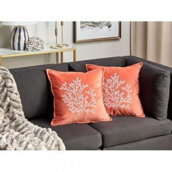 Conjunto de 2 cojines cuadrado de terciopelo coral marino 45 x 45 cm con relleno de poliéster