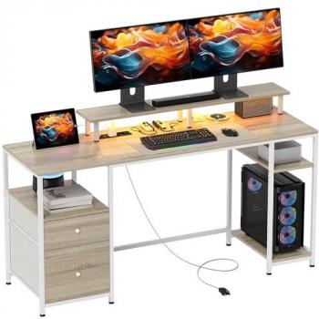 HOMCOM Mesa de Escritorio con Luces LED, Estantes, Cajones, Tomas de Corriente, Puertos USB y Soporte para Monitor - 155.5x48x75.5 cm Natural