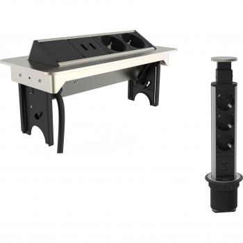 Regleta empotrable SCHÜTTE E1 de 3 enchufes y 2 puertos USB, color negro, diseño integrado para encimera de cocina