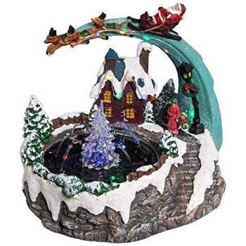 Escena de Navidad Peterhof Pueblo luminoso con Fuente, árbol y Papá Noel con renos - 25x19x21 cm