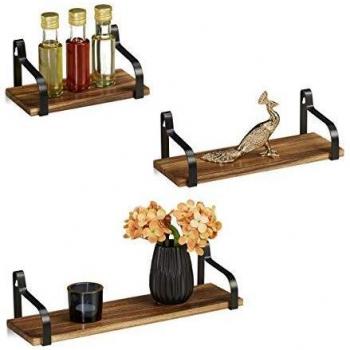 Estantería de Pared Flotante, Set de 3 Estantes Decorativos, Madera y Metal, Anchos de 23, 33 y 43 cm, Color Marrón - Relaxdays