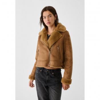 Soft Faux Fur Cropped Biker Jacket in Dark Camel XS