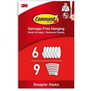 Ganchos Adhesivos Command Medianos de Diseño - Pack de 6 Ganchos y 9 Estrips para Colgar sin Daños, Soporta hasta 1.3kg