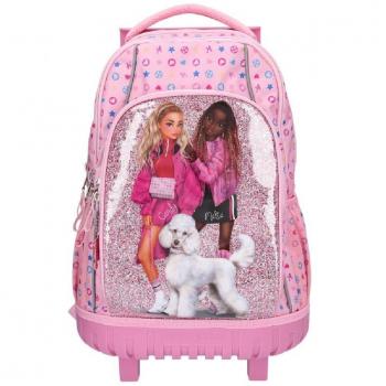 Depesche TopModel Bling 10810 - Mochila Escolar con diseño de caniche, Fondo Brillante y Estampado de Icono, con 3 Compartimentos, Tirantes Acolchados, Mango telescópico y Ruedas