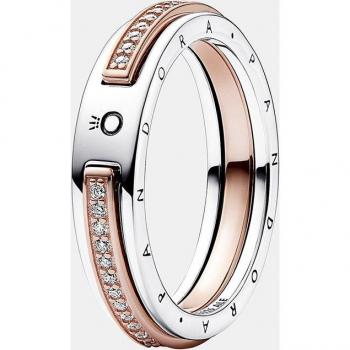 Anillo Pandora Signature en plata de ley con recubrimiento en oro rosa de Logo & Pavé en Dos Tonos 182773C01