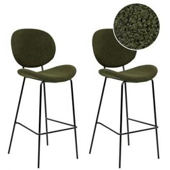 Conjunto de 2 sillas de bar Boucle verde oscuro sin reposabrazos, patas de hierro negro, diseño retro
