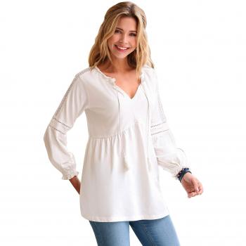 VENCA Camiseta Escote caftán con Cordones y borlas by Vencastyle,Crudo,3XL