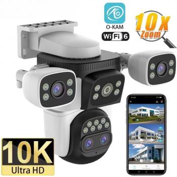 Cámara de seguridad exterior WiFi6 10K, 20 MP, zoom óptico 10X, cuatro pantallas, cuatro lentes, seguimiento automático PTZ, lente dual 6K, impermeable