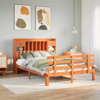 Cama con Estantería sin Colchón Madera Maciza Pino 150x200 cm Color Marrón Wax