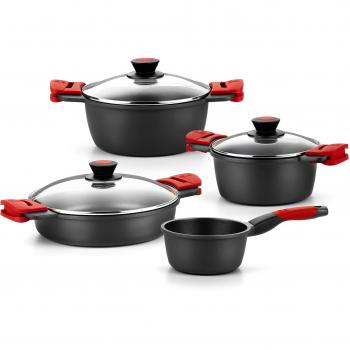 BRA Premiere - Batería 4 piezas de aluminio fundido con antiadherente, apta para todo tipo de cocinas Incluso inducción, Color Negro, Rojo [Amazon Exclusive]