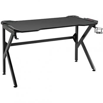 Escritorio Gaming Ergonomico Negro 120x66x75cm con Soporte para Auriculares, Portavasos y Pasacables, Estructura de Metal y MDF Textura Fibra de Carbono