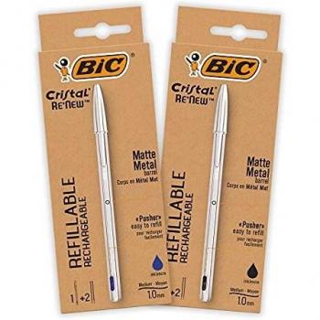 Bolígrafo BIC de Metal Reutilizable- BIC Cristal Re'New 2 Bolígrafos de Calidad y 2 Recargas - Tinta Azul y Negro, Pack de 2+2