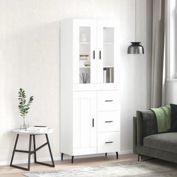 Aparador alto de madera contrachapada blanco 69,5x34x180 cm con 1 puerta de madera y 3 cajones, mueble de almacenaje para salón, buffet y armario auxiliar