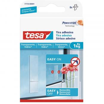 tesa Powerstrips, Tiras Adhesivas Doble Cara Transparentes para Fijar en Vidrio, Recambio Adhesivo para Ganchos Adhesivos hasta 1.0 kg, Paquete de 8 Unidades