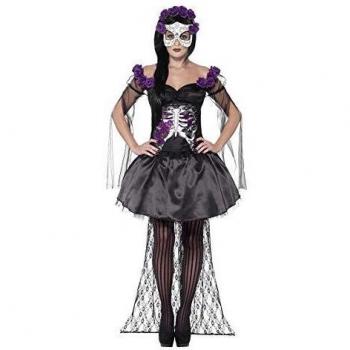 Smiffys-43737L Disfraz de señorita del Día de Muertos, con Falda, Parte de Arriba, Diadema con, Color Negro, L-EU Tamaño 44-46