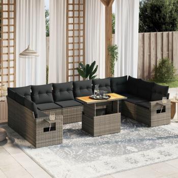 11-Piece Grey Poly Rattan Garden Sofa Set with Cushions