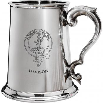 Davison Family Crest Polished Pewter 1 Pint Tankard with Scroll handle