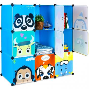 BAMNY Armario Modular Infantil Estantería portátil para Guardar Ropa, Zapatos, Juguetes o Libros Organizador con Puertas y Perchas Decorados con Dibujos Animados Azul