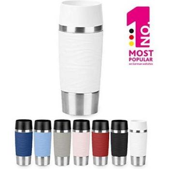 Taza Térmica de Viaje Emsa Waves 0,36 Litros con Carcasa de Acero Inoxidable y Manguito de Silicona, Color Blanco
