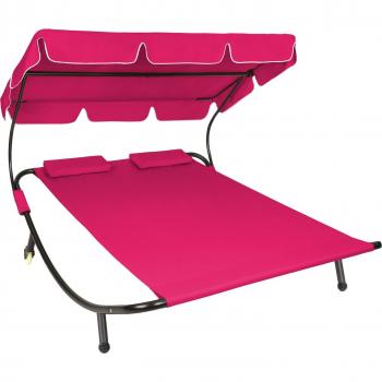Tumbona doble Tectake para 2 personas con estructura robusta de metal, asiento de poliéster rosa, parasol plegable y fácil y rápido montaje