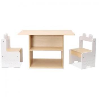 Mesa para niños con 2 sillas y estantes, color blanco y azur, dimensiones 80x48x49.5 cm