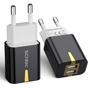 SCHITEC Cargador USB,2 Puertos 5V / 2.1A Cargador de Pared USB Adaptador de Corriente para Enchufe USB de Viaje en el hogar para iPhone XS/XR,iPad,LG G5,Samsung Galaxy S8 S9,Huawei