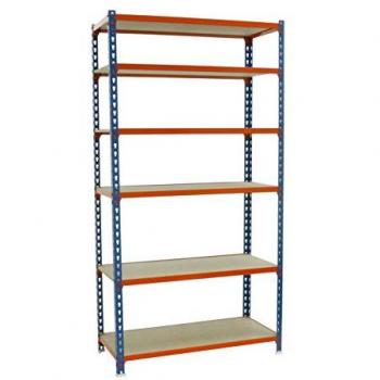 Estantería Metálica SimonRack Maderclick con 6 Baldas de Madera, Dimensiones 2500x1100x500 mm, Soporta 200 kg de Punto Flexión por balda, Colores Azul/Naranja