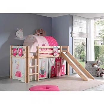 Cama de media altura 90x200 cm con tobogán, somier y funda princesa Vipack Pino - Madera maciza clara