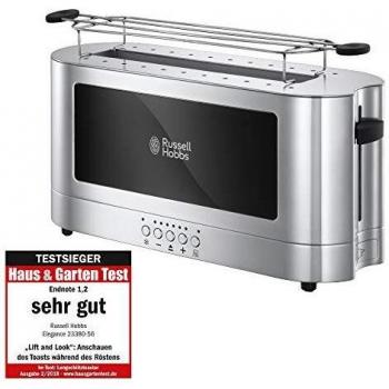 Russell Hobbs Tostadora Elegance - 1 Ranura Larga, Tostador para 2 Rebanadas, Bandeja Recogemigas, Calientapanecillos, Función Cancelar y Descongelar, Acero Inoxidable, Cristal, Plata - 23380-56