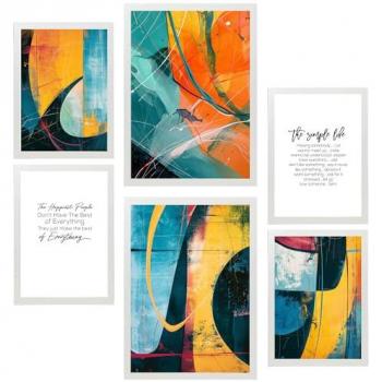 Set de 6 Pósters Abstractos en Colores Amarillo, Naranja y Azul con Diseño para Decorar Paredes - Tamaños A3 y A4 Sin Marco