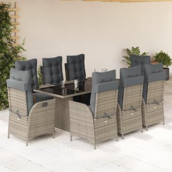 9-Piece Grey Poly Rattan Garden Dining Set with Cushions