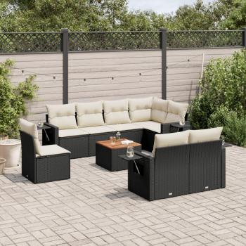 9-Piece Black Poly Rattan Garden Sofa Set with Cushions